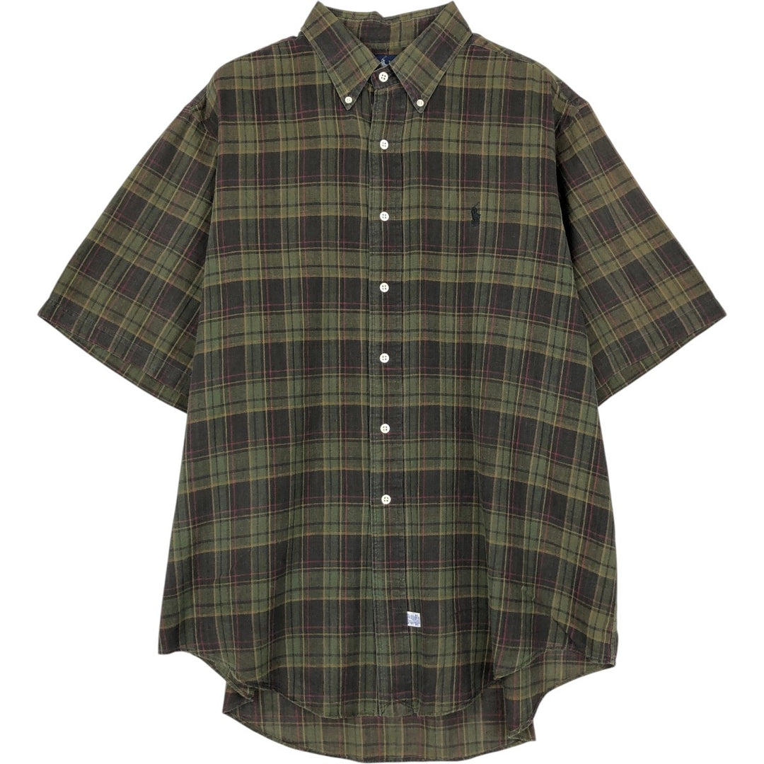 Ralph Lauren Madras Check Short Sleeve Button Down Check Shirt Men's XL cotton green type yellow green Vintage Second Hand