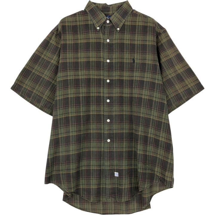 Ralph Lauren Madras Check Short Sleeve Button Down Check Shirt Men's XL cotton green type yellow green Vintage Second Hand