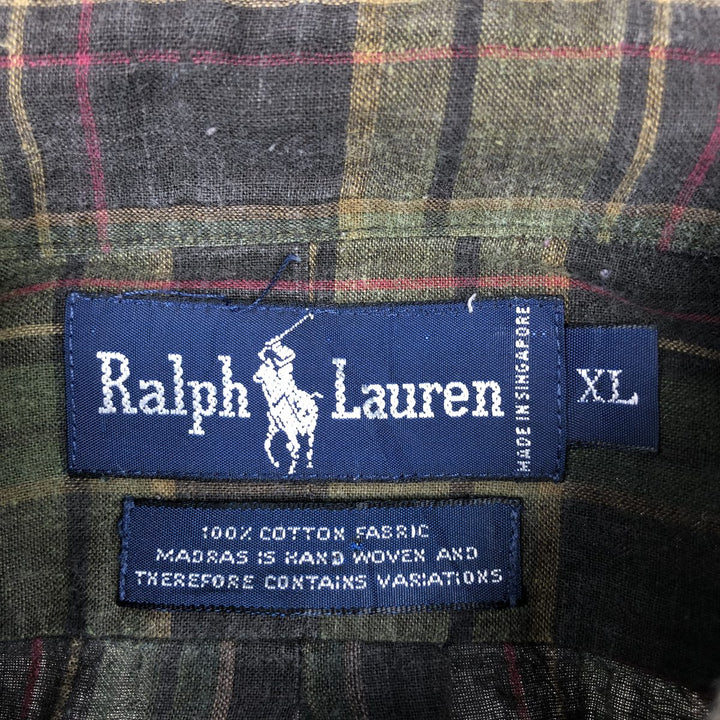 Ralph Lauren Madras Check Short Sleeve Button Down Check Shirt Men's XL cotton green type yellow green Vintage Second Hand