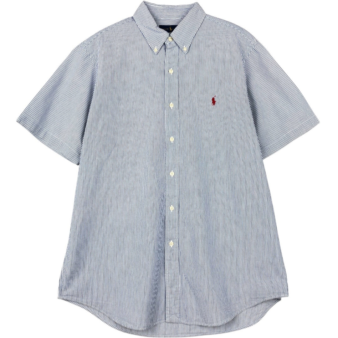 Ralph Lauren seersucker short-sleeved button-down striped shirt, men's size L (approx.) cotton blue type Vintage Second Hand