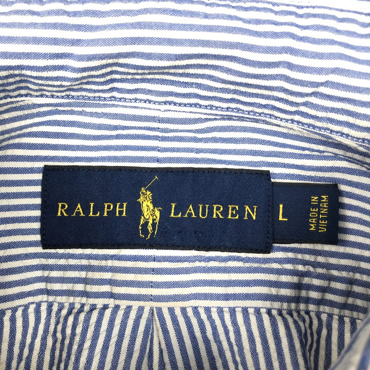 Ralph Lauren Seersucker Short Sleeve Button-Down Striped Shirt, Men's Size L cotton blue type Vintage Second Hand