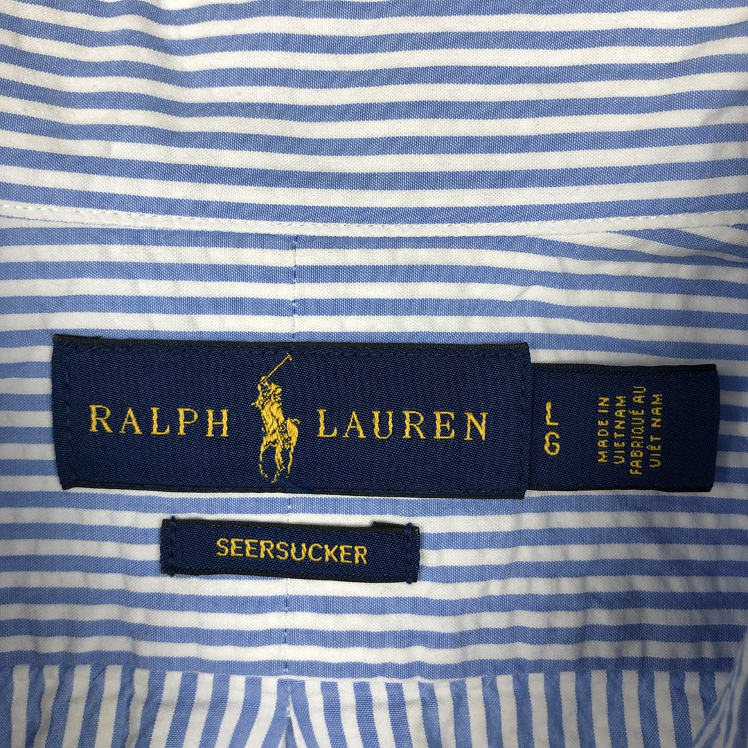 Ralph Lauren seersucker short-sleeved button-down striped shirt, men's size L (approx.) cotton blue type Vintage Second Hand