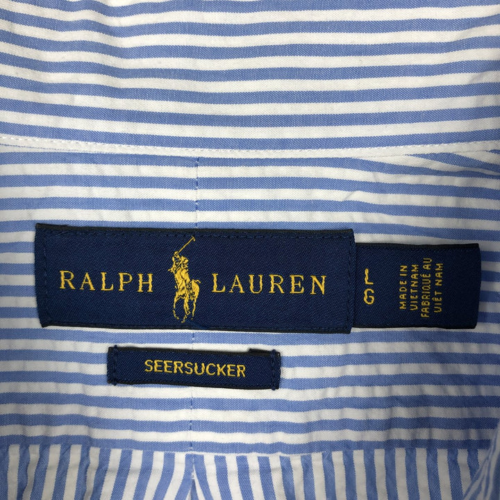 Ralph Lauren seersucker short-sleeved button-down striped shirt, men's size L (approx.) cotton blue type Vintage Second Hand