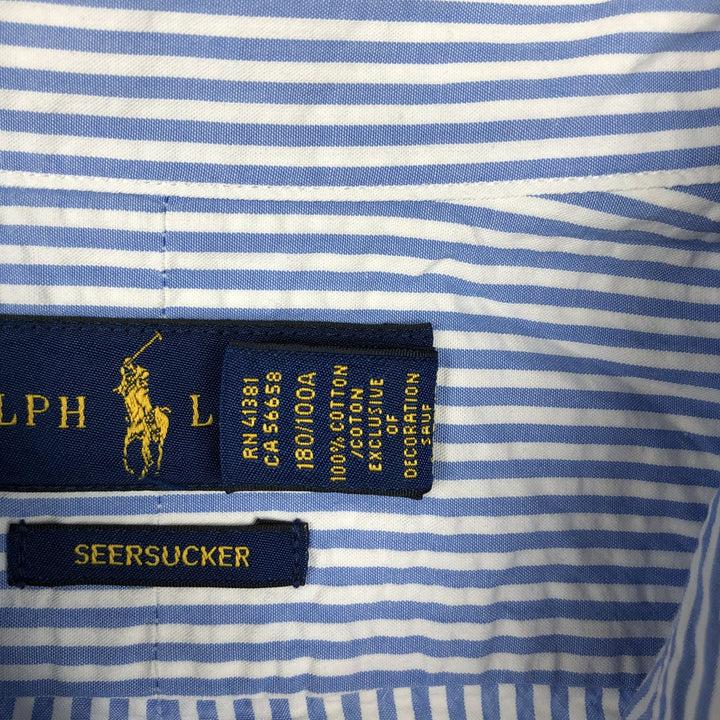 Ralph Lauren seersucker short-sleeved button-down striped shirt, men's size L (approx.) cotton blue type Vintage Second Hand