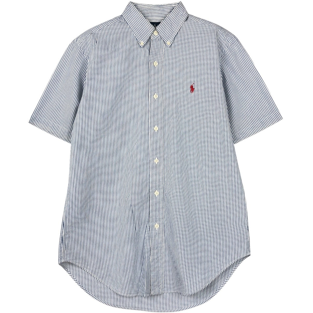 Ralph Lauren CLASSIC FIT seersucker short-sleeve button-down striped shirt, men's size S (approx.) cotton blue type Vintage Second Hand