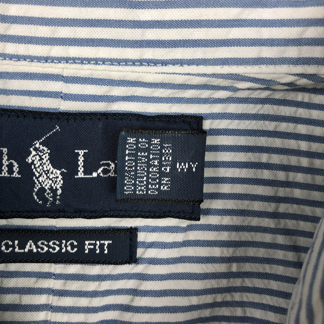 Ralph Lauren CLASSIC FIT seersucker short-sleeve button-down striped shirt, men's size S (approx.) cotton blue type Vintage Second Hand