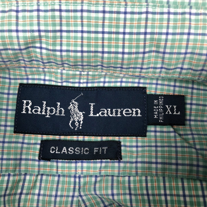 Ralph Lauren Classic Fit short sleeve button down check shirt, men's size XL cotton green type yellow green Vintage Second Hand