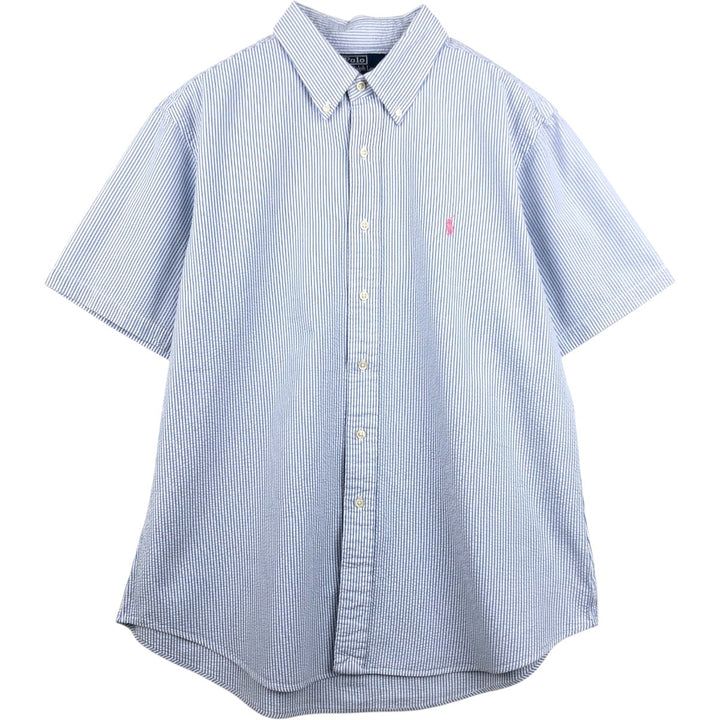Ralph Lauren CUSTOM FIT Seersucker Short Sleeve Button Down Striped Shirt Men's XL cotton blue type Vintage Second Hand