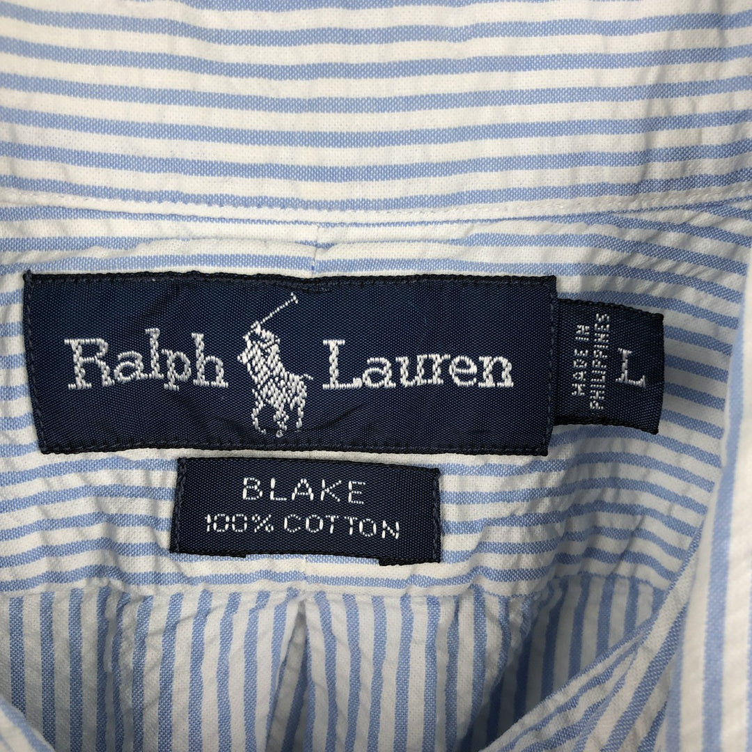 Ralph Lauren BLAKE Seersucker Short Sleeve Button Down Striped Shirt Men's Size L cotton blue type Vintage Second Hand
