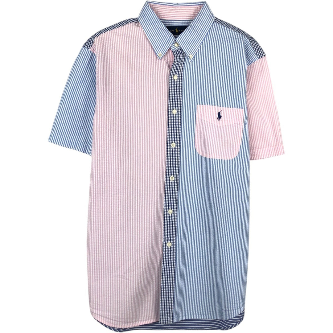 Ralph Lauren Seersucker Short Sleeve Button-Down Striped Shirt, Men's Size L cotton pink type Vintage Second Hand