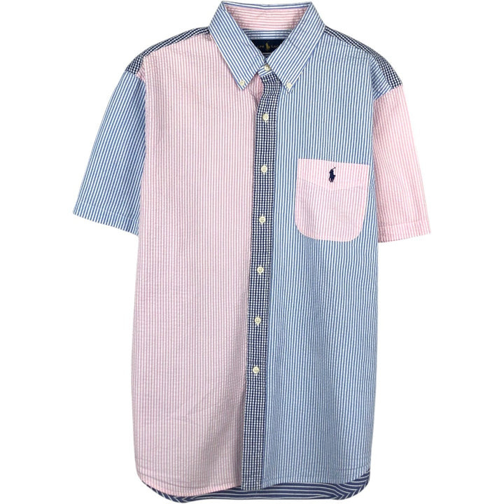 Ralph Lauren Seersucker Short Sleeve Button-Down Striped Shirt, Men's Size L cotton pink type Vintage Second Hand