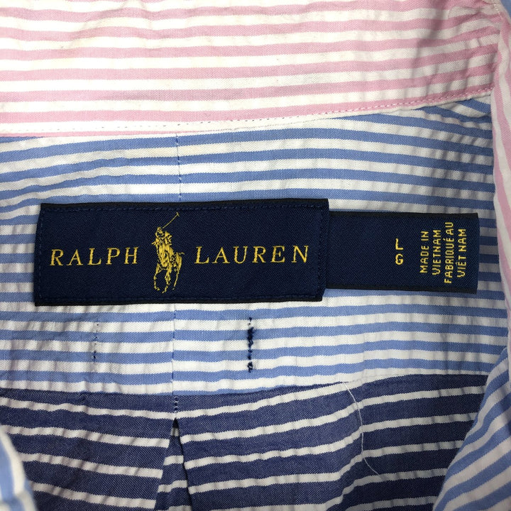 Ralph Lauren Seersucker Short Sleeve Button-Down Striped Shirt, Men's Size L cotton pink type Vintage Second Hand