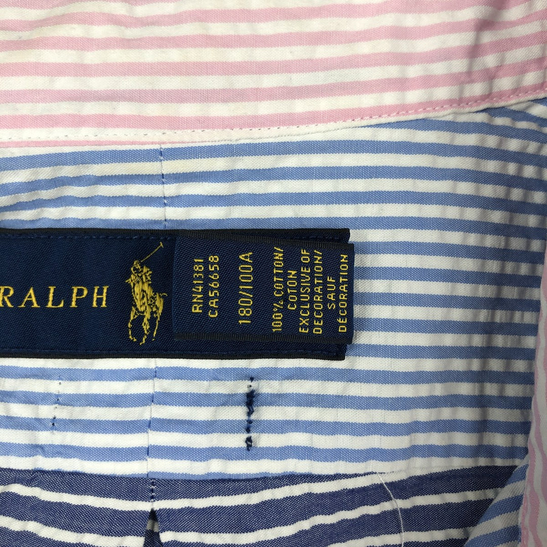 Ralph Lauren Seersucker Short Sleeve Button-Down Striped Shirt, Men's Size L cotton pink type Vintage Second Hand