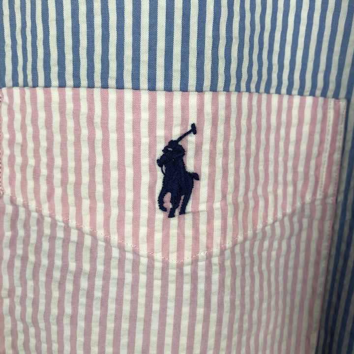 Ralph Lauren Seersucker Short Sleeve Button-Down Striped Shirt, Men's Size L cotton pink type Vintage Second Hand
