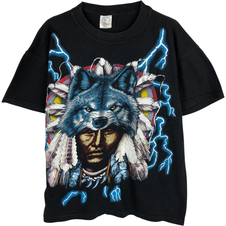 ~90'S Caribbean Dream AMERICAN THUNDER Wolf Pattern Indian Pattern Print T-Shirt Men's Size L (Equivalent) Vintage cotton black type Vintage Second Hand