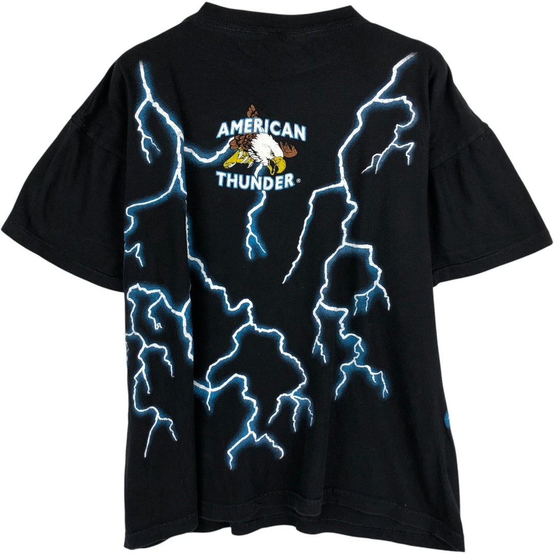 ~90'S Caribbean Dream AMERICAN THUNDER Wolf Pattern Indian Pattern Print T-Shirt Men's Size L (Equivalent) Vintage cotton black type Vintage Second Hand