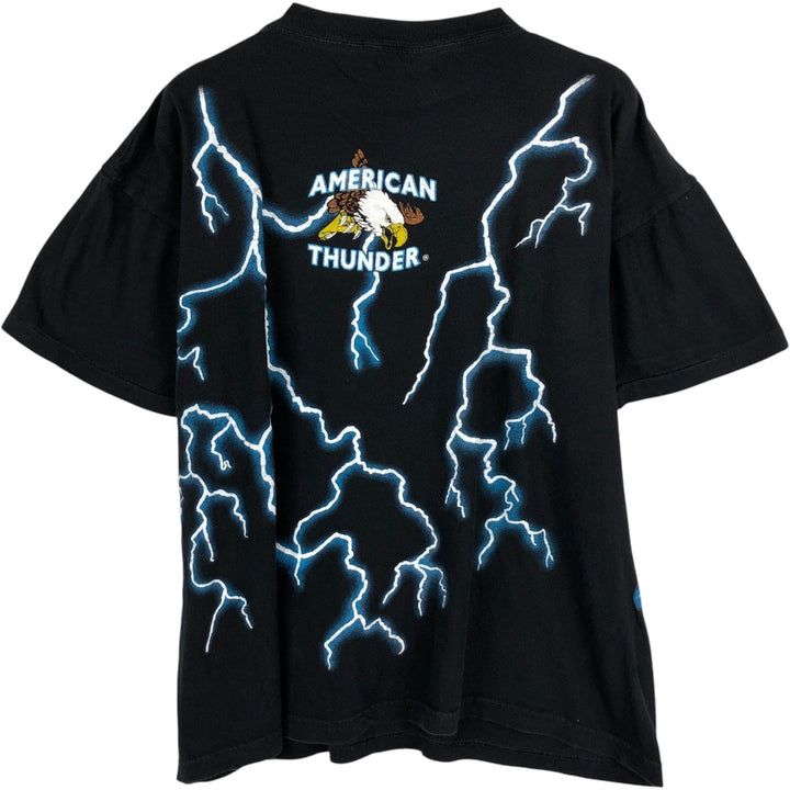 ~90'S Caribbean Dream AMERICAN THUNDER Wolf Pattern Indian Pattern Print T-Shirt Men's Size L (Equivalent) Vintage cotton black type Vintage Second Hand