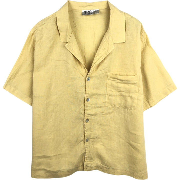 CHICO'S DESIGN Short-Sleeve Open-Collar Linen Shirt, Boxy Fit, Men's Size S linen yellow type Vintage Second Hand