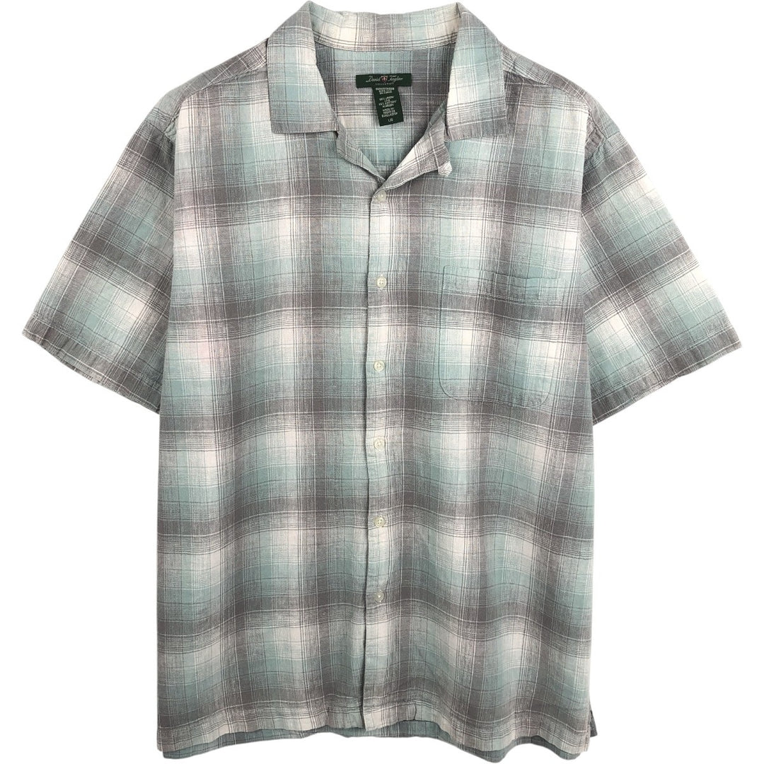 DAVID TAYLOR Ombre Check Short-Sleeve Open Collar Cotton x Linen Shirt, Boxy Shirt, Men's Size L (approx.) linen green type yellow green Vintage Second Hand