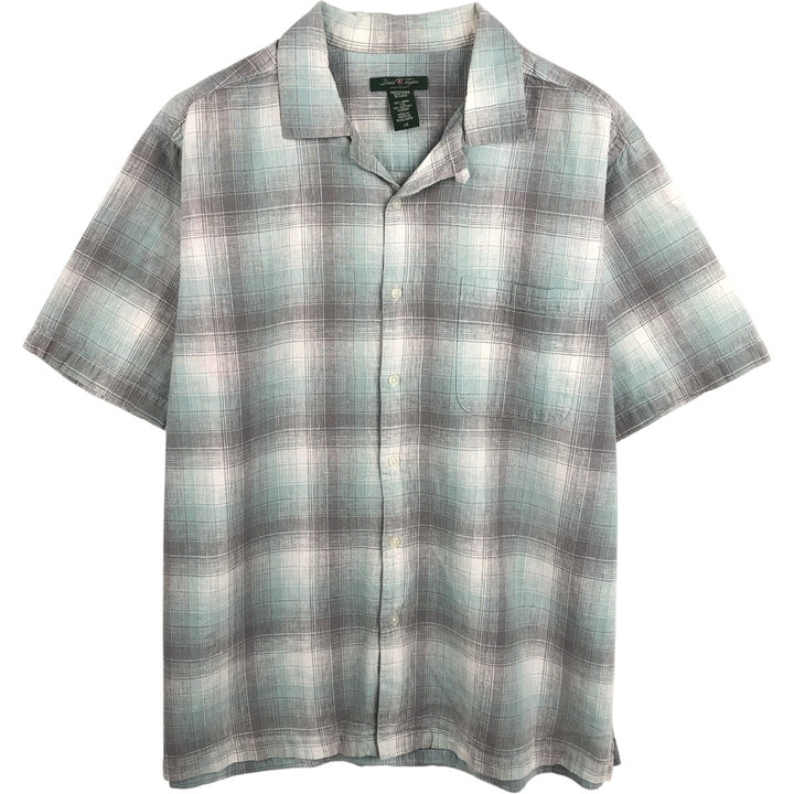 DAVID TAYLOR Ombre Check Short-Sleeve Open Collar Cotton x Linen Shirt, Boxy Shirt, Men's Size L (approx.) linen green type yellow green Vintage Second Hand