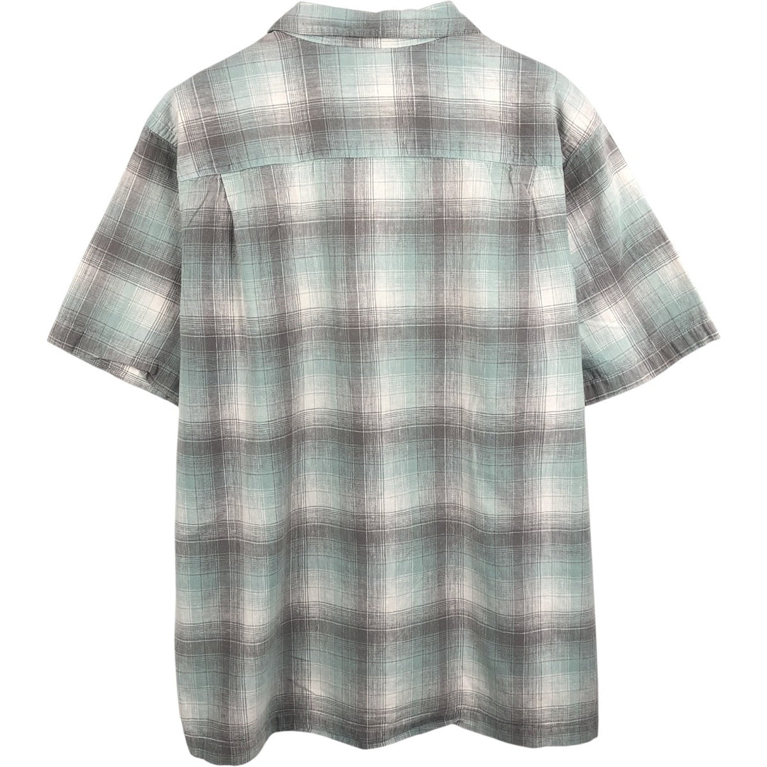DAVID TAYLOR Ombre Check Short-Sleeve Open Collar Cotton x Linen Shirt, Boxy Shirt, Men's Size L (approx.) linen green type yellow green Vintage Second Hand