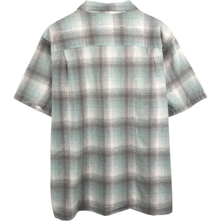 DAVID TAYLOR Ombre Check Short-Sleeve Open Collar Cotton x Linen Shirt, Boxy Shirt, Men's Size L (approx.) linen green type yellow green Vintage Second Hand