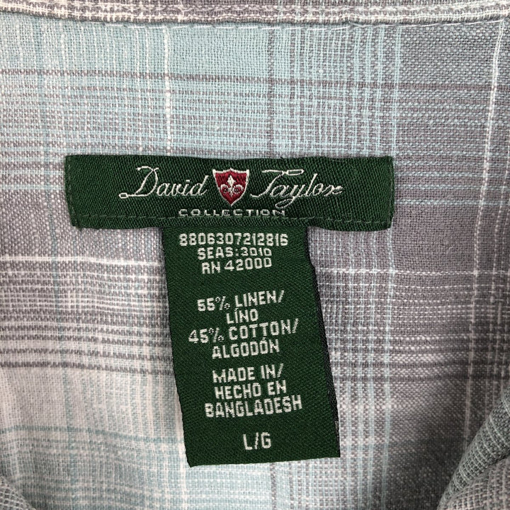 DAVID TAYLOR Ombre Check Short-Sleeve Open Collar Cotton x Linen Shirt, Boxy Shirt, Men's Size L (approx.) linen green type yellow green Vintage Second Hand