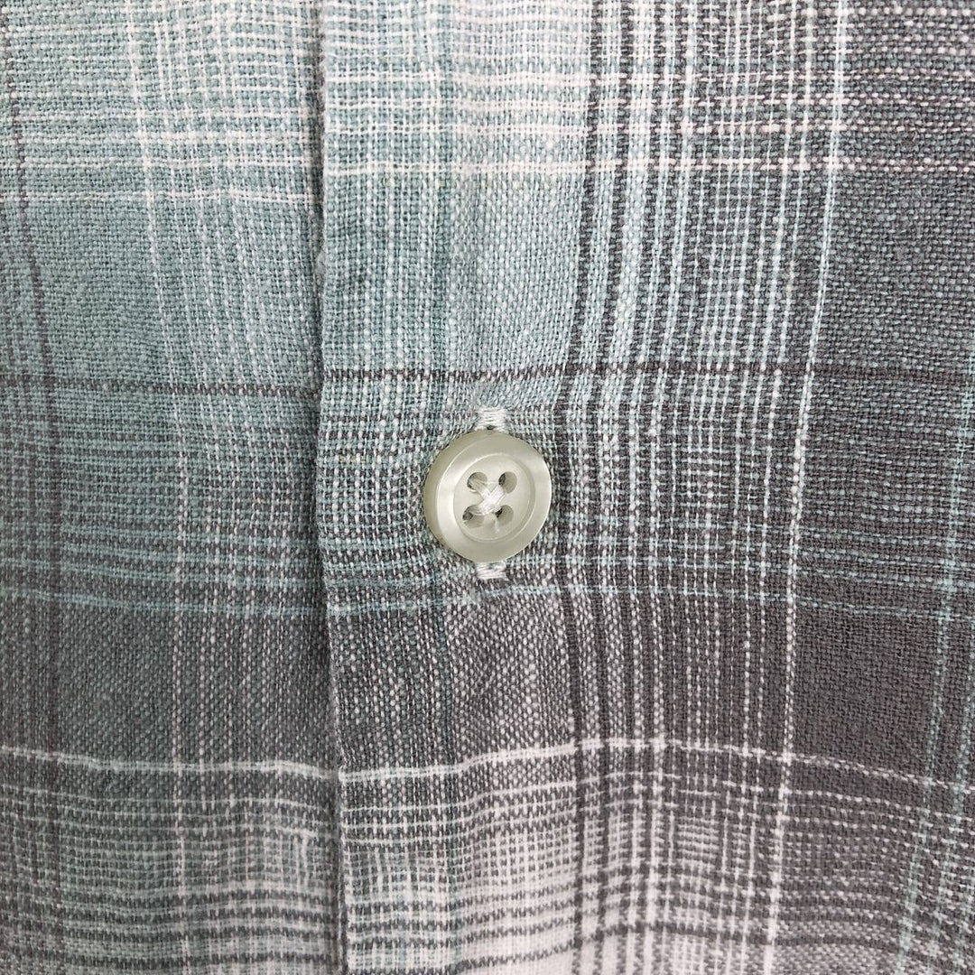 DAVID TAYLOR Ombre Check Short-Sleeve Open Collar Cotton x Linen Shirt, Boxy Shirt, Men's Size L (approx.) linen green type yellow green Vintage Second Hand