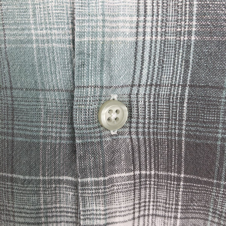 DAVID TAYLOR Ombre Check Short-Sleeve Open Collar Cotton x Linen Shirt, Boxy Shirt, Men's Size L (approx.) linen green type yellow green Vintage Second Hand