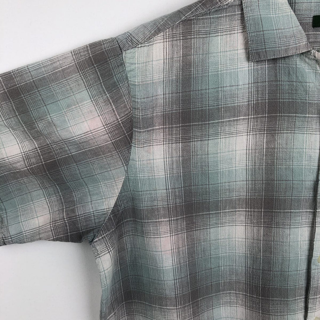 DAVID TAYLOR Ombre Check Short-Sleeve Open Collar Cotton x Linen Shirt, Boxy Shirt, Men's Size L (approx.) linen green type yellow green Vintage Second Hand