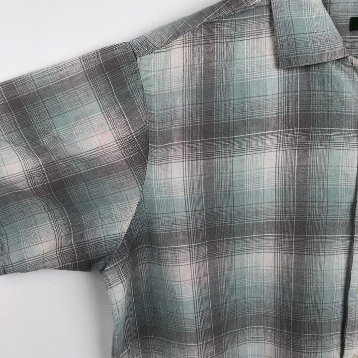 DAVID TAYLOR Ombre Check Short-Sleeve Open Collar Cotton x Linen Shirt, Boxy Shirt, Men's Size L (approx.) linen green type yellow green Vintage Second Hand
