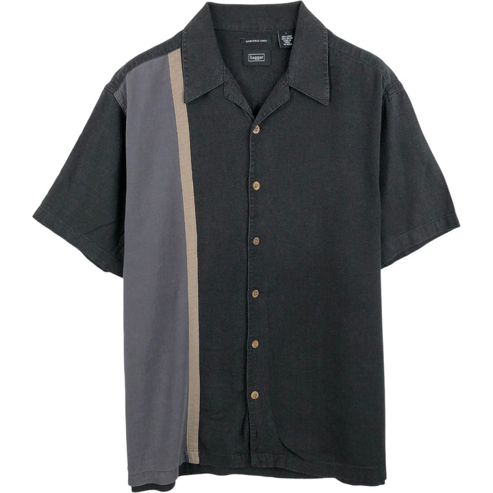 HAGGAR Washable Linen Short-Sleeve Open-Collar Linen x Rayon Box Shirt (Men's Size L) linen black type Vintage Second Hand