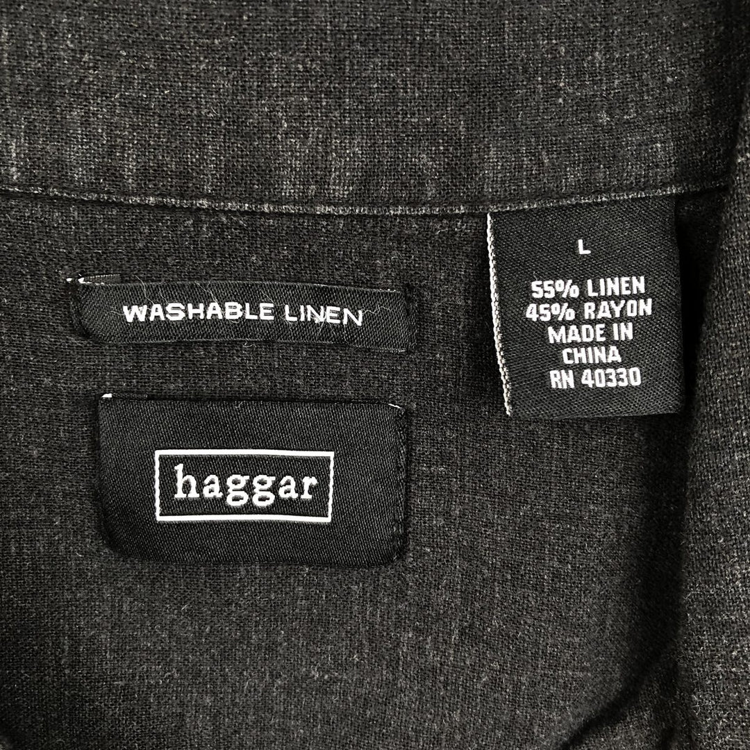 HAGGAR Washable Linen Short-Sleeve Open-Collar Linen x Rayon Box Shirt (Men's Size L) linen black type Vintage Second Hand