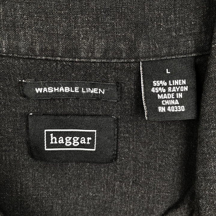 HAGGAR Washable Linen Short-Sleeve Open-Collar Linen x Rayon Box Shirt (Men's Size L) linen black type Vintage Second Hand