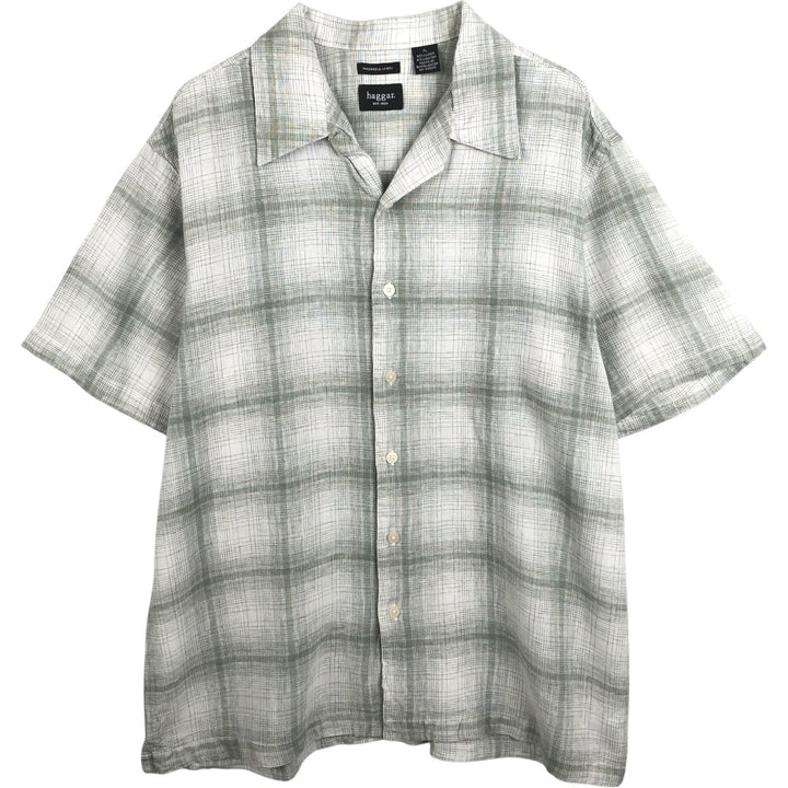 HAGGAR WASHABLE LINEN Check Pattern Short-Sleeve Open Collar Linen Shirt, Boxy Shirt, Men's XL Equivalent linen white type Vintage Second Hand