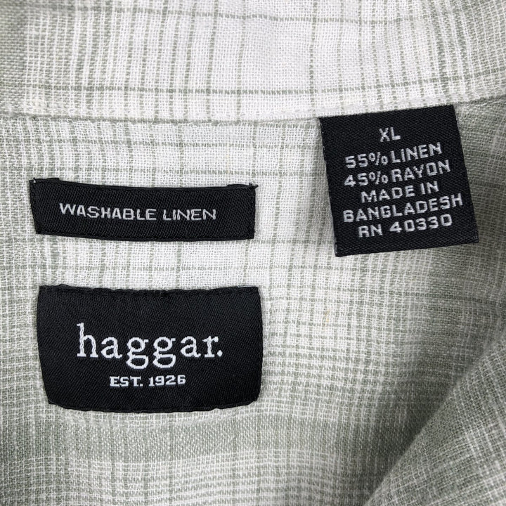 HAGGAR WASHABLE LINEN Check Pattern Short-Sleeve Open Collar Linen Shirt, Boxy Shirt, Men's XL Equivalent linen white type Vintage Second Hand