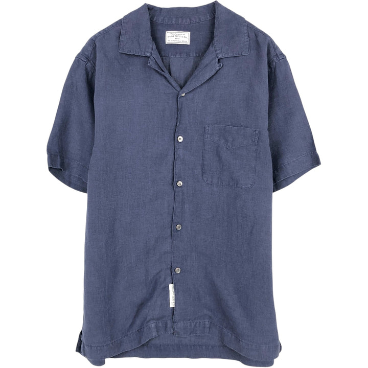 NVGS Mfg & Co. Short-Sleeve Open-Collar Linen Shirt (Men's Size S) linen navy blue type Vintage Second Hand