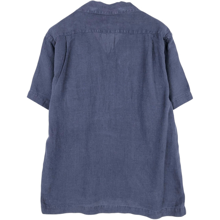 NVGS Mfg & Co. Short-Sleeve Open-Collar Linen Shirt (Men's Size S) linen navy blue type Vintage Second Hand