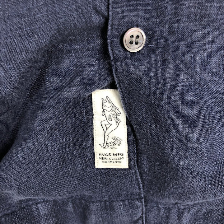 NVGS Mfg & Co. Short-Sleeve Open-Collar Linen Shirt (Men's Size S) linen navy blue type Vintage Second Hand