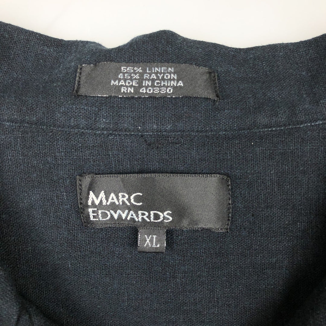 MARC EDWARDS Short-Sleeve Open-Collar Linen Shirt, Men's Size XL (approx.) linen black type Vintage Second Hand