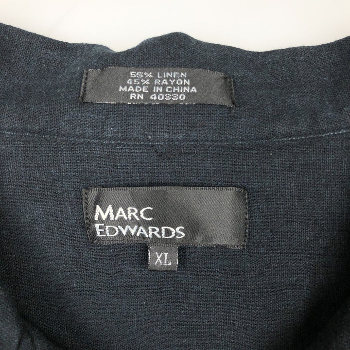 MARC EDWARDS Short-Sleeve Open-Collar Linen Shirt, Men's Size XL (approx.) linen black type Vintage Second Hand