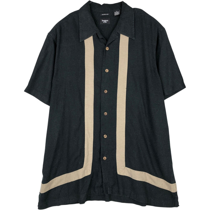 Haggar Short-Sleeve Open-Collar Linen Shirt, Men's Size XL (approx.) linen black type Vintage Second Hand