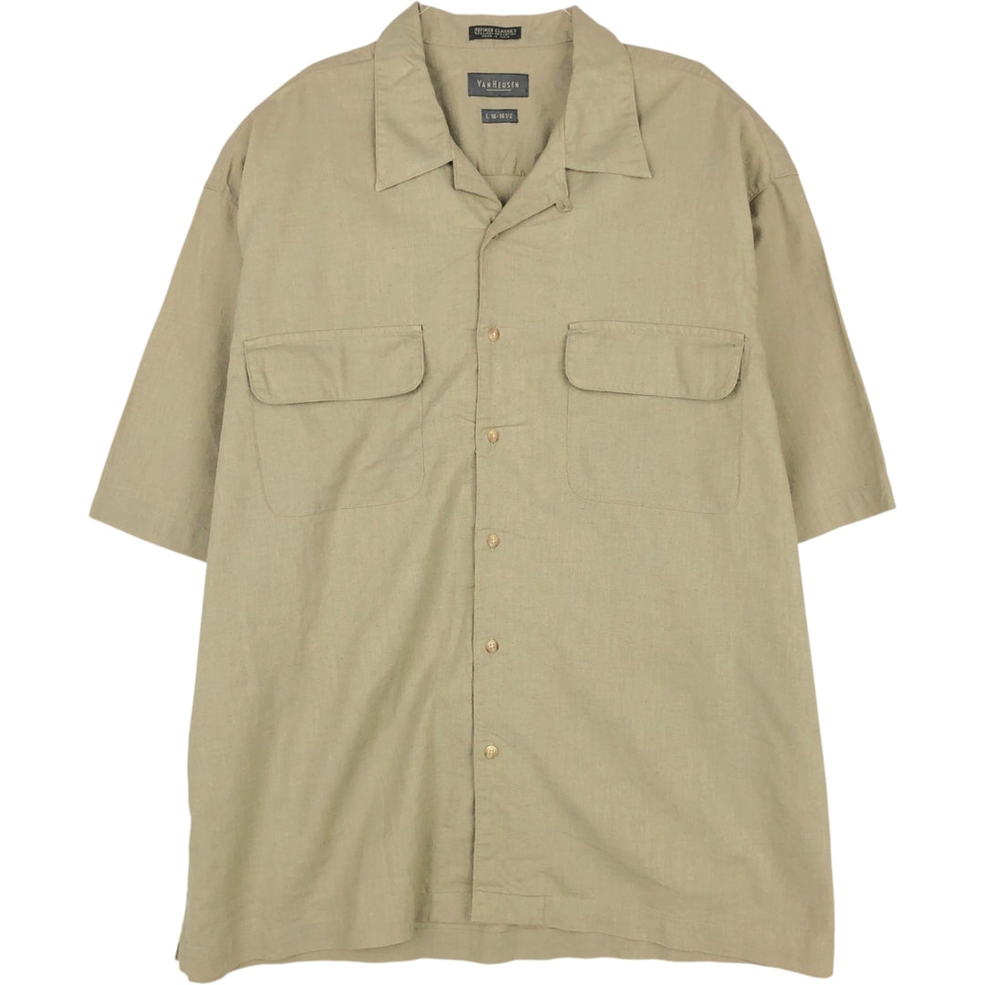 Van Heusen short-sleeved open-collar linen shirt, men's size L (approx.) linen Khaki type beige Vintage Second Hand