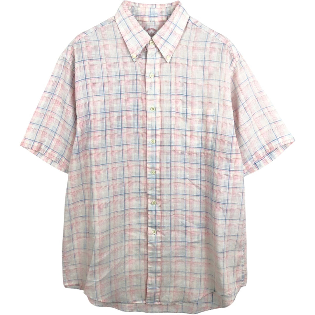 Brooks Brothers Est.1818 Check Pattern Short-Sleeve Linen Button-Down Shirt, Men's Size L (approx.) linen pink type Vintage Second Hand