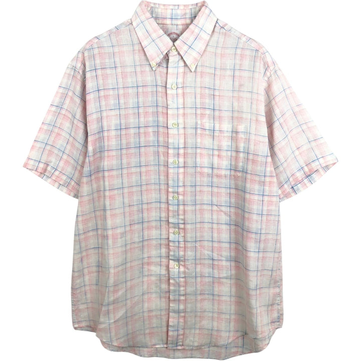 Brooks Brothers Est.1818 Check Pattern Short-Sleeve Linen Button-Down Shirt, Men's Size L (approx.) linen pink type Vintage Second Hand