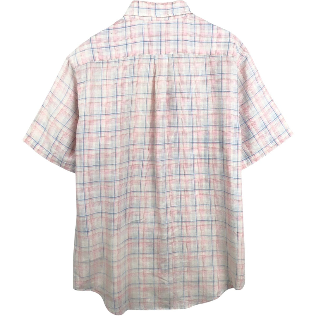 Brooks Brothers Est.1818 Check Pattern Short-Sleeve Linen Button-Down Shirt, Men's Size L (approx.) linen pink type Vintage Second Hand