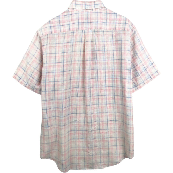 Brooks Brothers Est.1818 Check Pattern Short-Sleeve Linen Button-Down Shirt, Men's Size L (approx.) linen pink type Vintage Second Hand