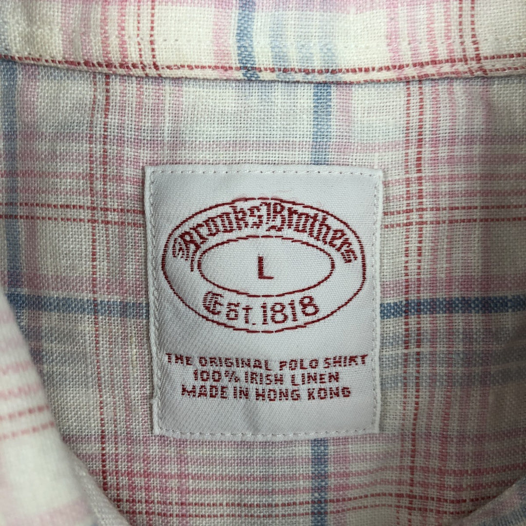 Brooks Brothers Est.1818 Check Pattern Short-Sleeve Linen Button-Down Shirt, Men's Size L (approx.) linen pink type Vintage Second Hand