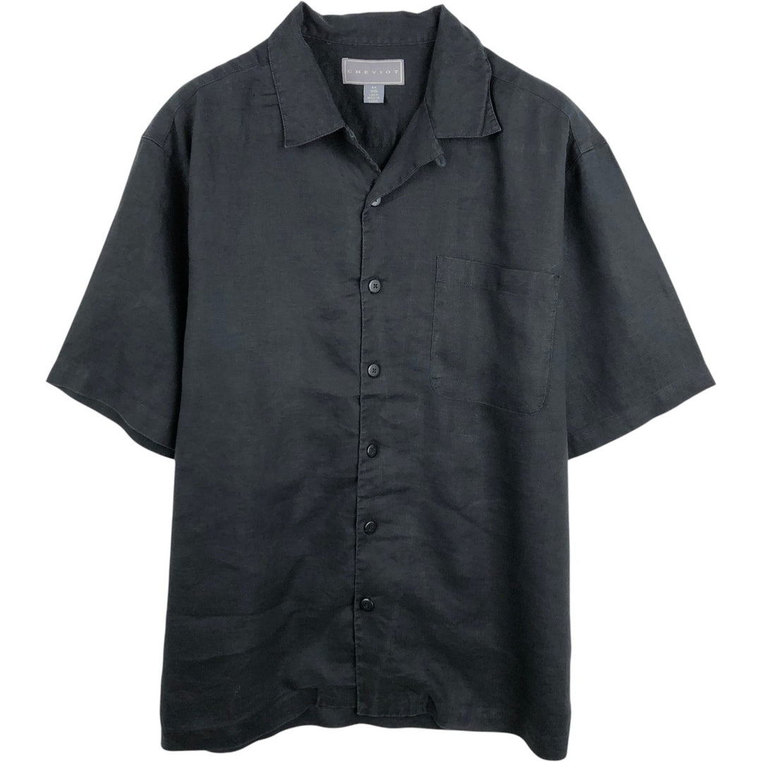 CHEVIOT Short-Sleeve Open-Collar Linen Shirt, Boxy Fit, Men's Size M linen black type Vintage Second Hand