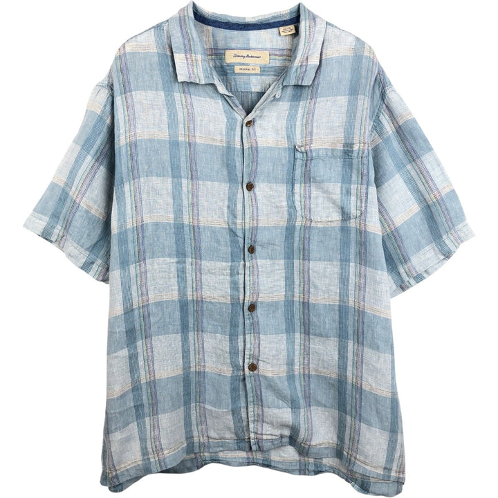 Tommy Bahama ORIDINAL FIT Check Pattern Short-Sleeve Open Collar Linen Shirt, Boxy Shirt, Men's XL Equivalent linen Blue type light blue Vintage Second Hand